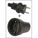 Set Gummi Kupplung und Gummi Stecker IP44 schwarz Schutzkontakt Verbindung