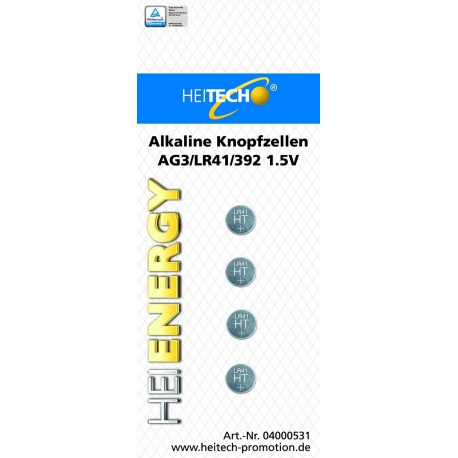 Alkaline Knopfzellen Sortiment 4 Teilig  Heitech AG3/LR41/392, 1,5V 41mAH Alkaline