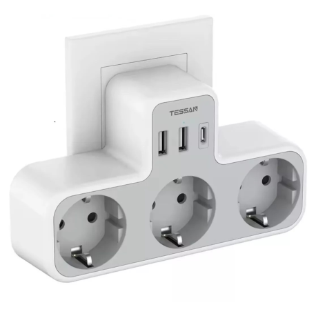 3 Fach Schuko Stecker mit 2 x USB-A + 1  x USB-C Anschluss Mehrfachstecker 3 Fach Stecker mit USB Ladeanschlüssen