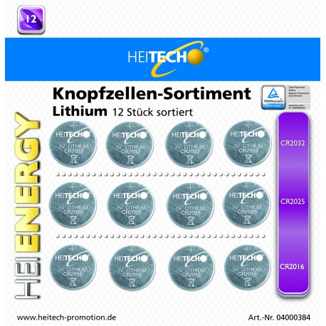 Knopfzellen Sortiment Lithium Heitech 12 Teilig. 6x CR2032, 4x CR2025 ,2x CR2016